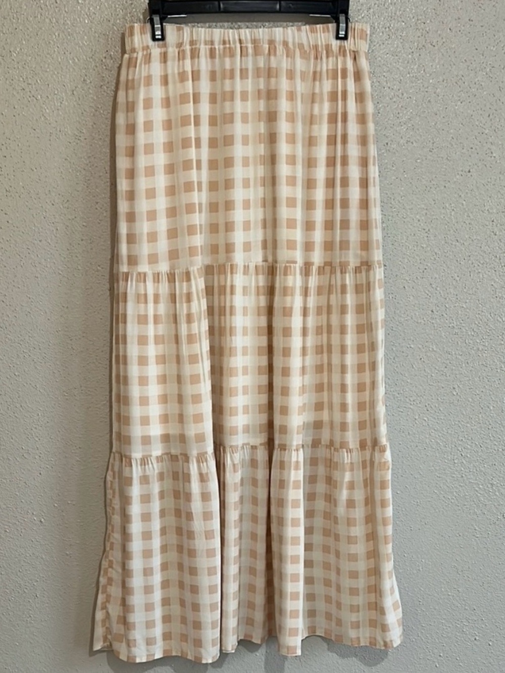 Tiered Beige Gingham Maxi Skirt